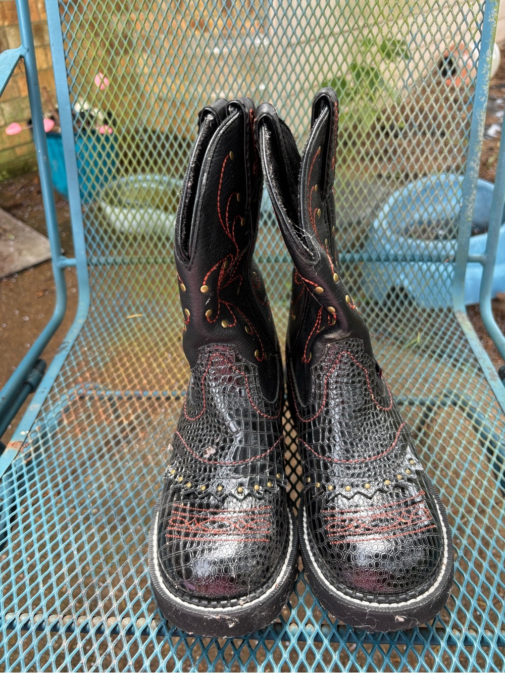 Women's Black Embossed Leather Ankle Boots with Red Stitching without shoe box